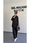 Düğme Ve Şerit Detaylı Siyah Ceket Pantolon Takım