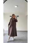 Kahverengi Askılı Elbise Çıkarılabilir Gömlek Detaylı Takım