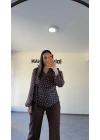 Kahverengi Kruvaze Yan Bağcıklı Puantiyeli Bluz