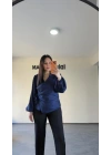 Lacivert Yan Bağlamalı Nispet Kumaş Bluz
