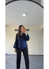 Lacivert Yan Bağlamalı Nispet Kumaş Bluz