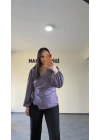 Lila Yan Bağlamalı Nispet Kumaş Bluz