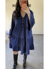 İndigo Mavi Düğme Detaylı Kat Kat Rahat Elbise