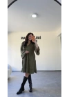 Haki Düğme Detaylı Kat Kat Rahat Elbise