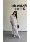 Beyaz Siyah Çizgili Rahat Kesim Elbise