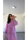 Pembe Bağcıklı Bluz Ve Katlı Etek Takım