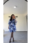 Mavi Desenli Büzgü Detaylı Elbise