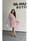 Pudra Pembe Kruvaze İki Katlı Yoryo Elbise