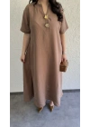 Kahverengi Salaş Kesim Broş Detaylı Elbise