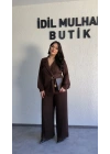 Kahverengi Double Şifon Kol Ve Pantolon Takım