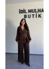 Kahverengi Double Şifon Kol Ve Pantolon Takım