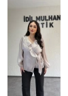 Vizon Kruvaze Yaka Volanlı Bağlamalı Bluz