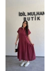 Bordo Etek Büzgülü Düğmeli Elbise
