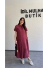 Bordo Etek Büzgülü Düğmeli Elbise