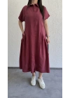 Bordo Etek Büzgülü Düğmeli Elbise