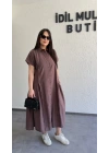 Kahverengi Etek Büzgülü Düğmeli Elbise