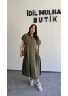 Haki Etek Büzgülü Düğmeli Elbise