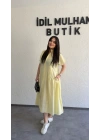 Limon Sarısı Etek Büzgülü Düğmeli Elbise