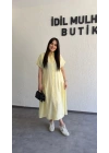 Limon Sarısı Etek Büzgülü Düğmeli Elbise