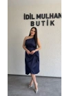 Lacivert Tek Omuz Bağlama Detaylı Saten Elbise