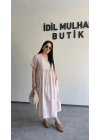 Pembe Batik Desenli Dökümlü Elbise