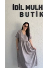 Gri Batik Desenli Dökümlü Elbise