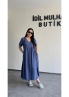 İndigo Mavi Batik Desenli Dökümlü Elbise