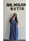 İndigo Mavi Batik Desenli Dökümlü Elbise