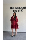 Kırmızı Kruvaze Yaka Kat Kat Elbise