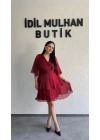 Kırmızı Kruvaze Yaka Kat Kat Elbise