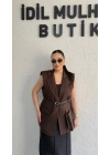 Kahverengi Vatkalı Premium Blazer Yelek