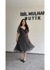 Siyah Kruvaze Dantel Detaylı Puantiyeli Elbise