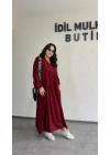 Bordo Düğmeli Maxi Fırfır Elbise