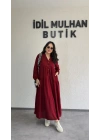 Bordo Düğmeli Maxi Fırfır Elbise