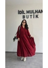 Bordo Düğmeli Maxi Fırfır Elbise