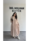 Krem Düğmeli Maxi Fırfır Elbise