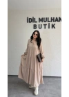 Krem Düğmeli Maxi Fırfır Elbise