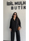 Siyah Kolları Manşet Detaylı Gömlek Takım