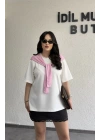 Pembe Şal Bağlama Detaylı Beyaz Oysh Tişört