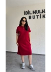 Bordo Yakası Düğme Detaylı Lacoste Elbise