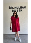 Bordo Kuşak Detaylı Gömlek Elbise