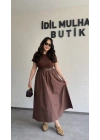 Kahverengi Kemer Detaylı Eteği Poplin Elbise