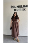Kahverengi Kemer Detaylı Eteği Poplin Elbise