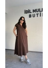 Kahverengi Cepli Oysh Kumaş Maxi Elbise