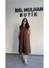 Kahverengi Cepli Oysh Kumaş Maxi Elbise