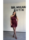 Bordo Tek Omuz Kuşak Detaylı Elbise