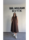 Kahverengi Oysh Salaş Günlük Midi Elbise