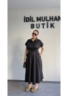 Siyah Poplin Kuşaklı Gömlek Elbise