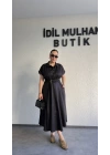 Siyah Poplin Kuşaklı Gömlek Elbise