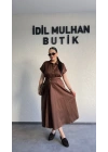 Kahverengi Poplin Kuşaklı Gömlek Elbise